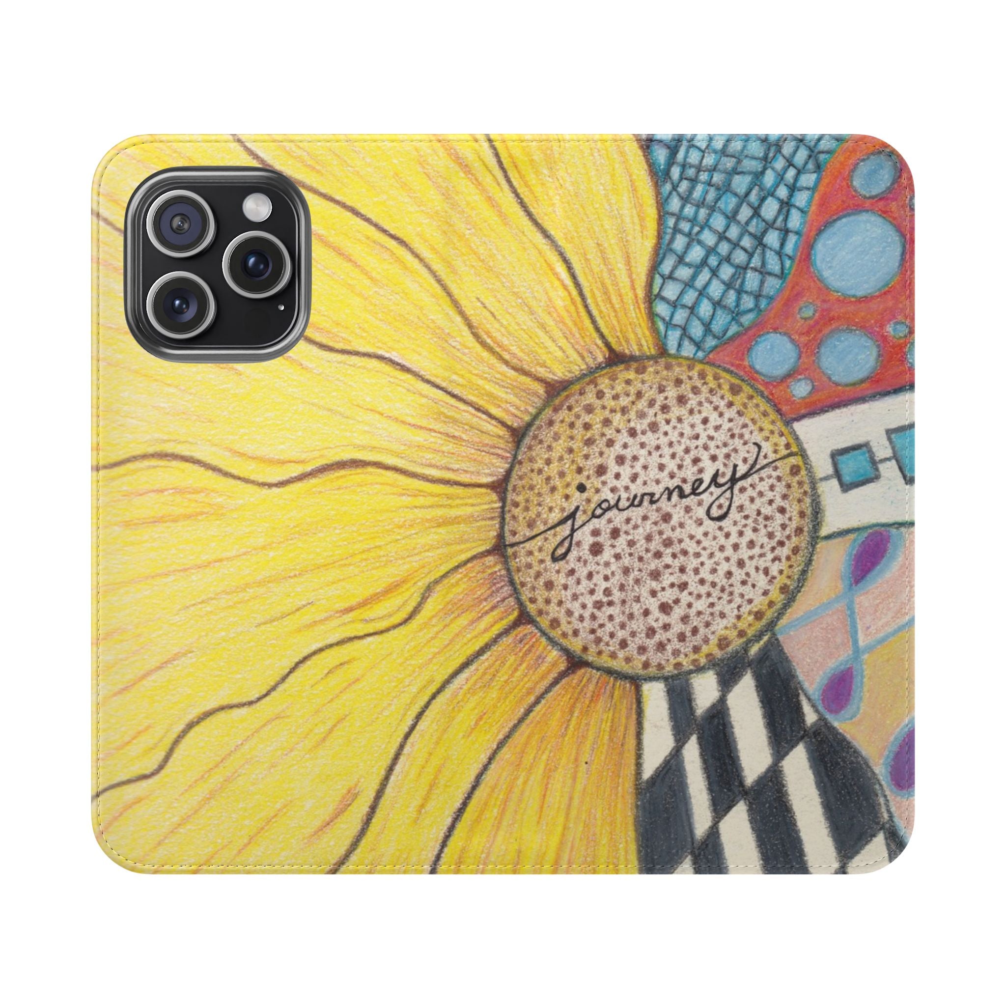Phone case with a yellow sunflower design and 'journey' text on a colorful background