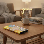 Colorful phone case with a sunflower design and 'journey' text on coffee table with coffee, books and succulent in a living room setting