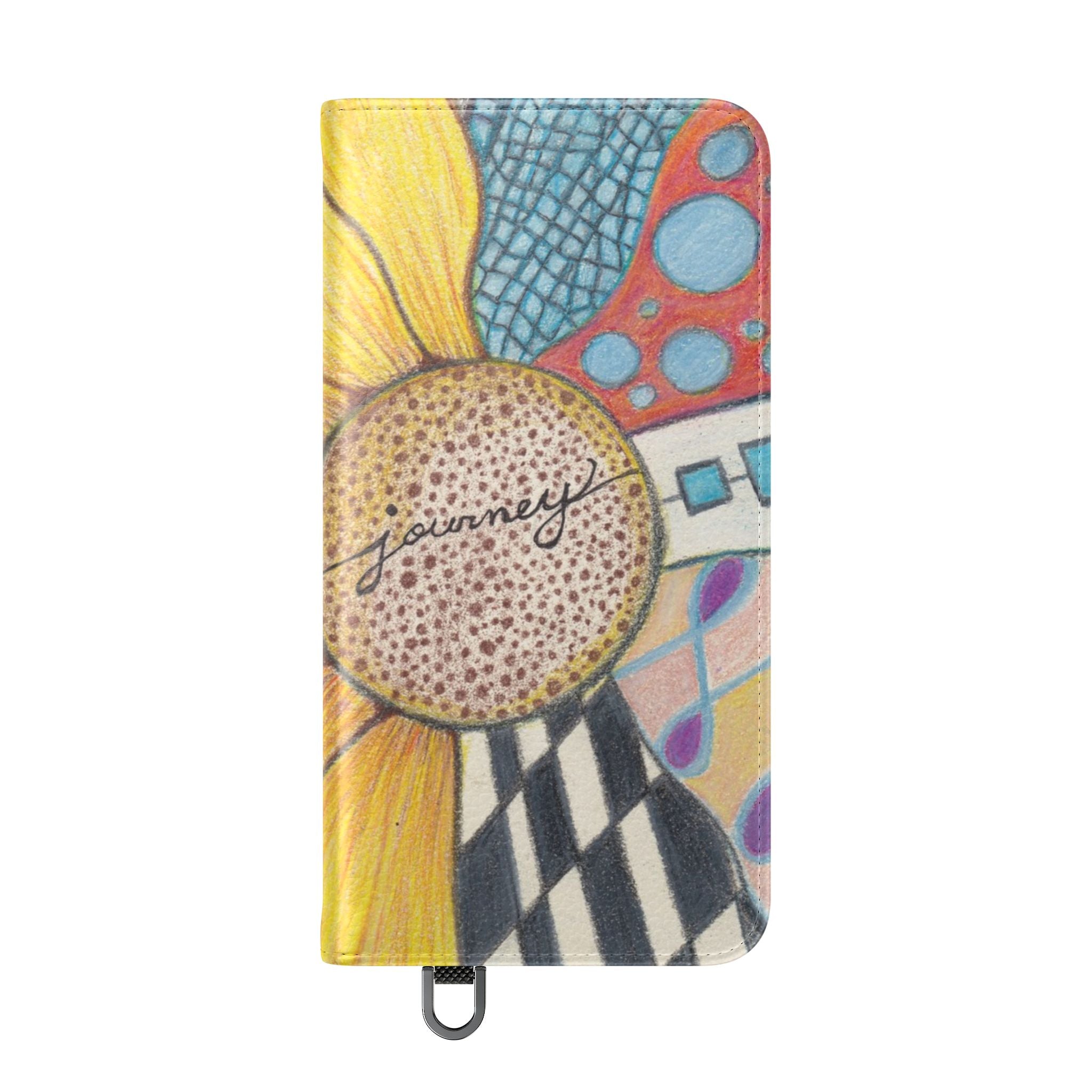Colorful phone case with a sunflower design and 'journey' text on a white background