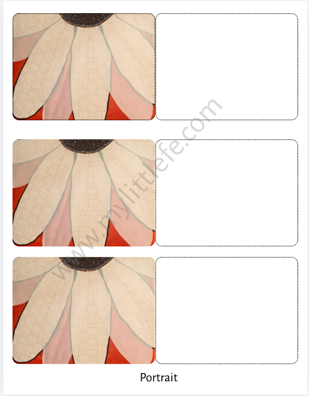 Three instances of a stylized flower design with a portrait label.