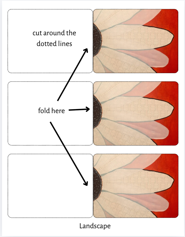 Instructions for cutting and folding a paper flower with labeled dotted lines and arrows.
