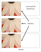 Instructions for cutting and folding a paper flower with labeled dotted lines and arrows. Portrait orientation