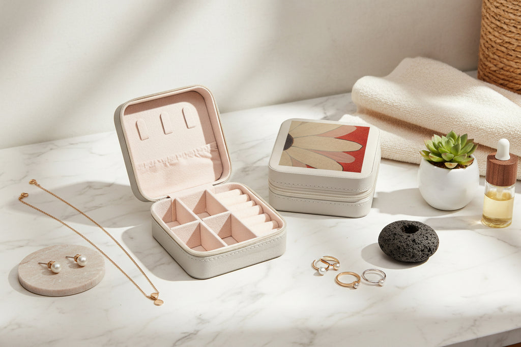 2 Compact Jewelry travel cases with flower collage design by artist Marife Rosales on a dresser with jewelry nxext to it.