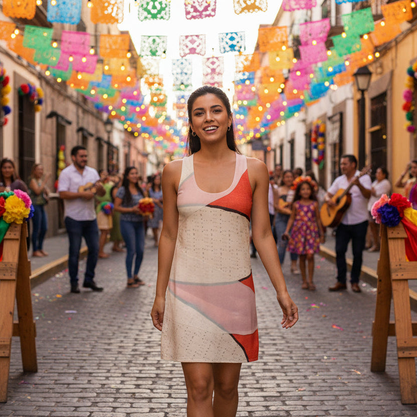 Woman wearing a flower collage with some petals with text on a red background at at fiesta scene