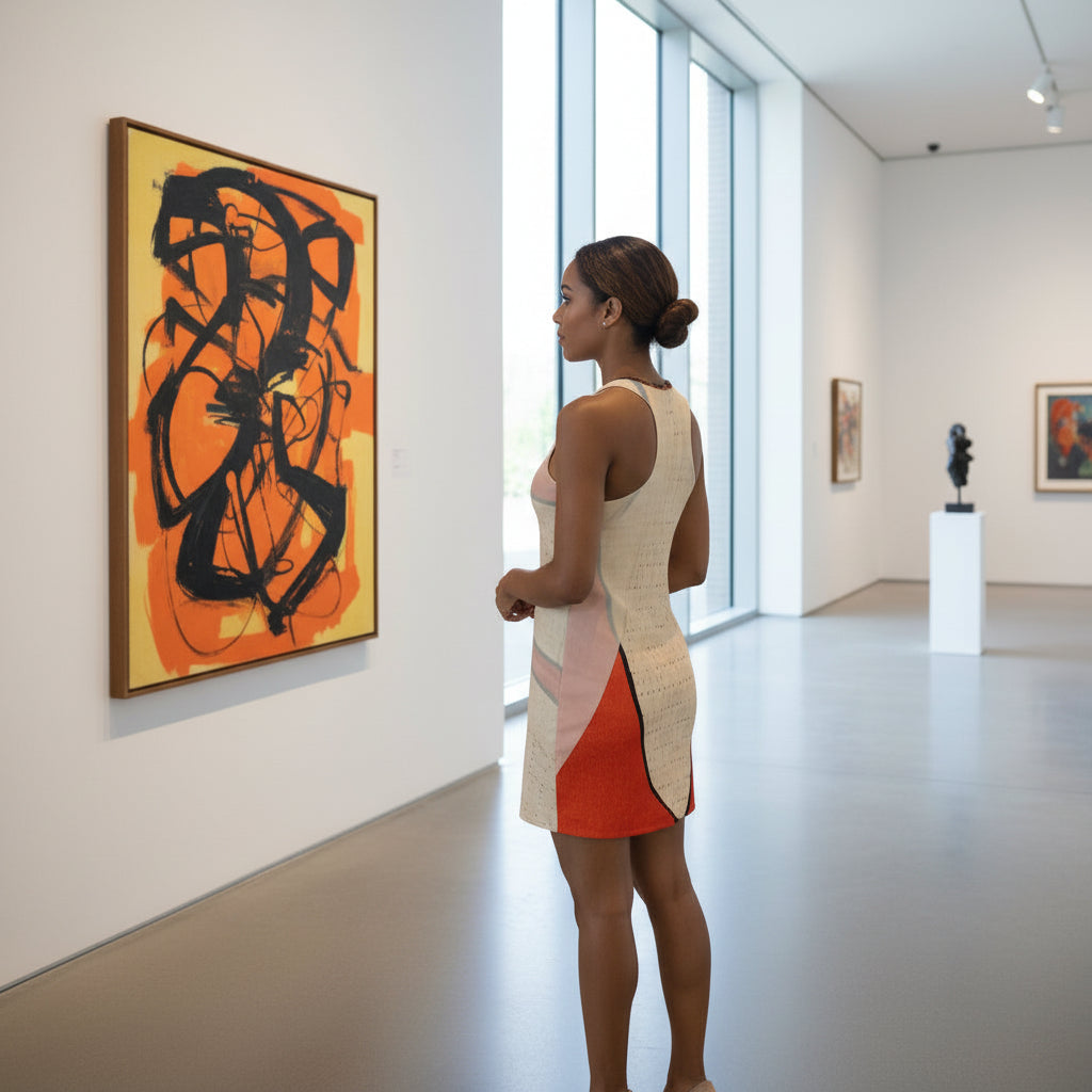 Woman wearing racerback dress with a flower collage design sideview at a museum