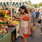 woman wearing a racerback dress with a flower collage with petals having some text on a red accent background at a farmer's market