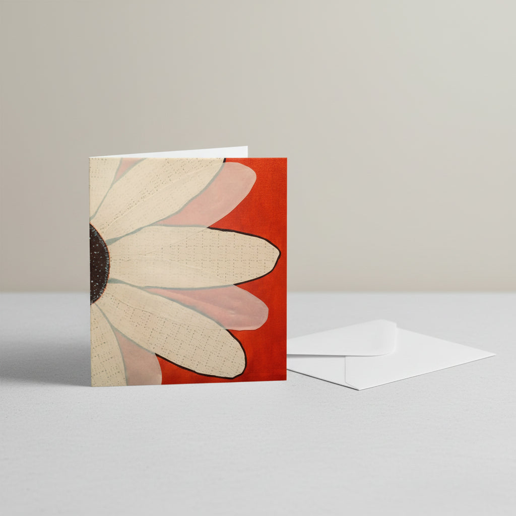 Close-up of a stylized flower with beige petals and a red background Greeting card with envelope