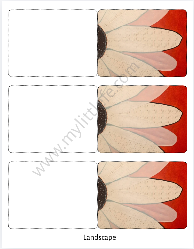 Set of three flower petal templates on a red background with 'my little life' branding.