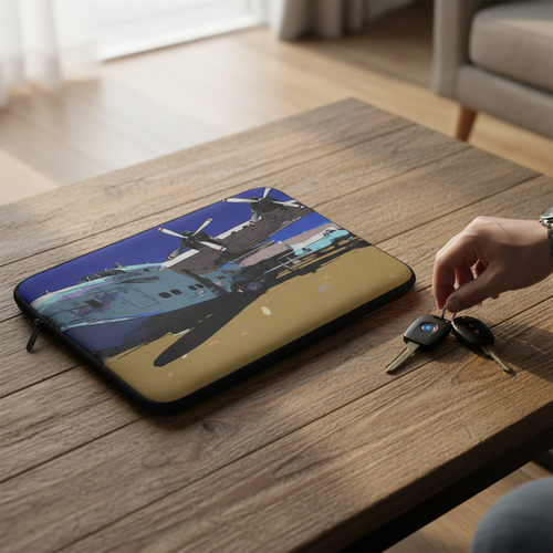 laptop sleeve with vintage plane design on a coffee table