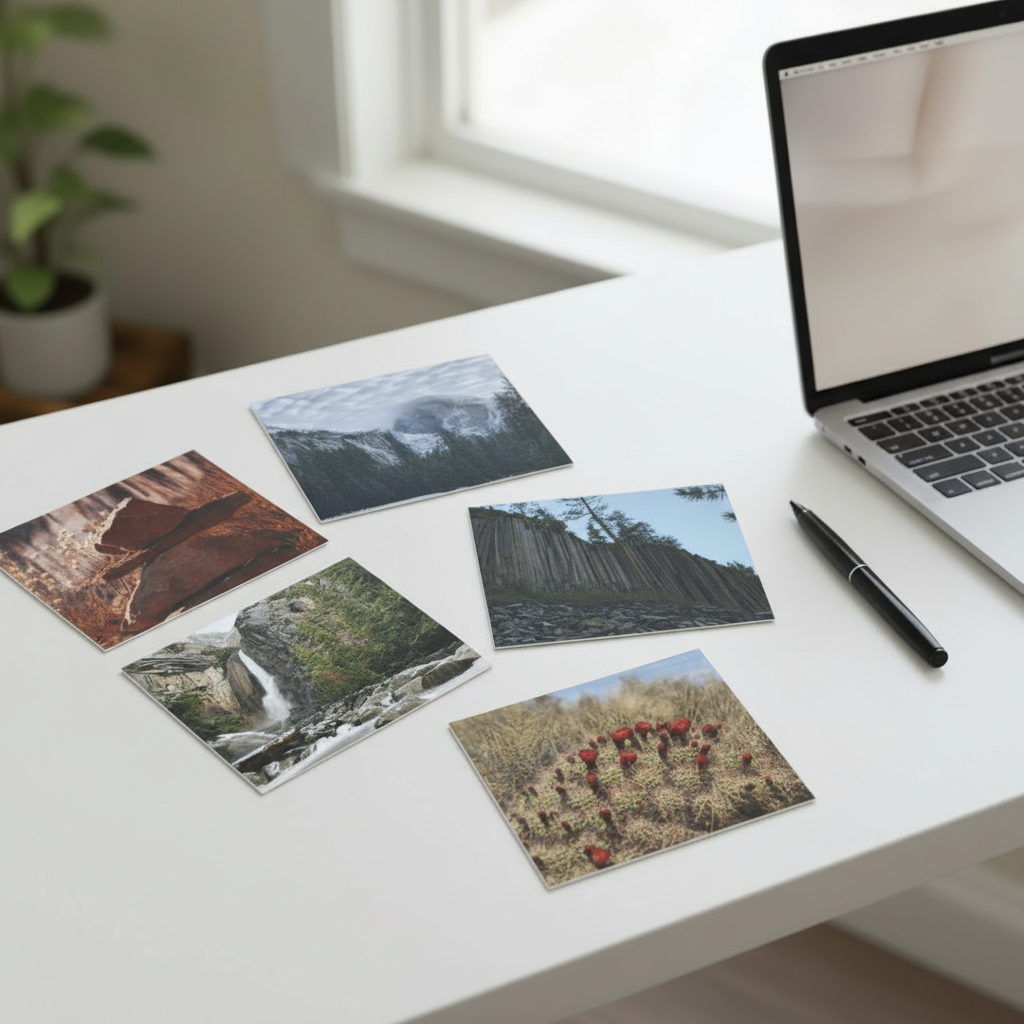 Five small landscape photographs arranged on a wooden table in a bright room, showing different natural scenes including mountains, a waterfall, rock formations, and wildflowers.