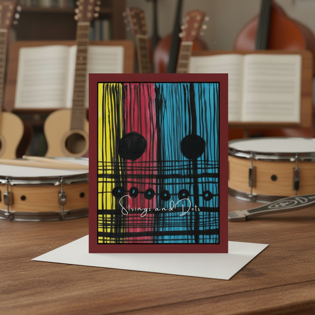 An abstract art print titled 'Strings and Dots' featuring vertical black lines on yellow, pink, and blue backgrounds, with two black circles and a row of black dots resembling guitar strings, set against a dark red border in a music room