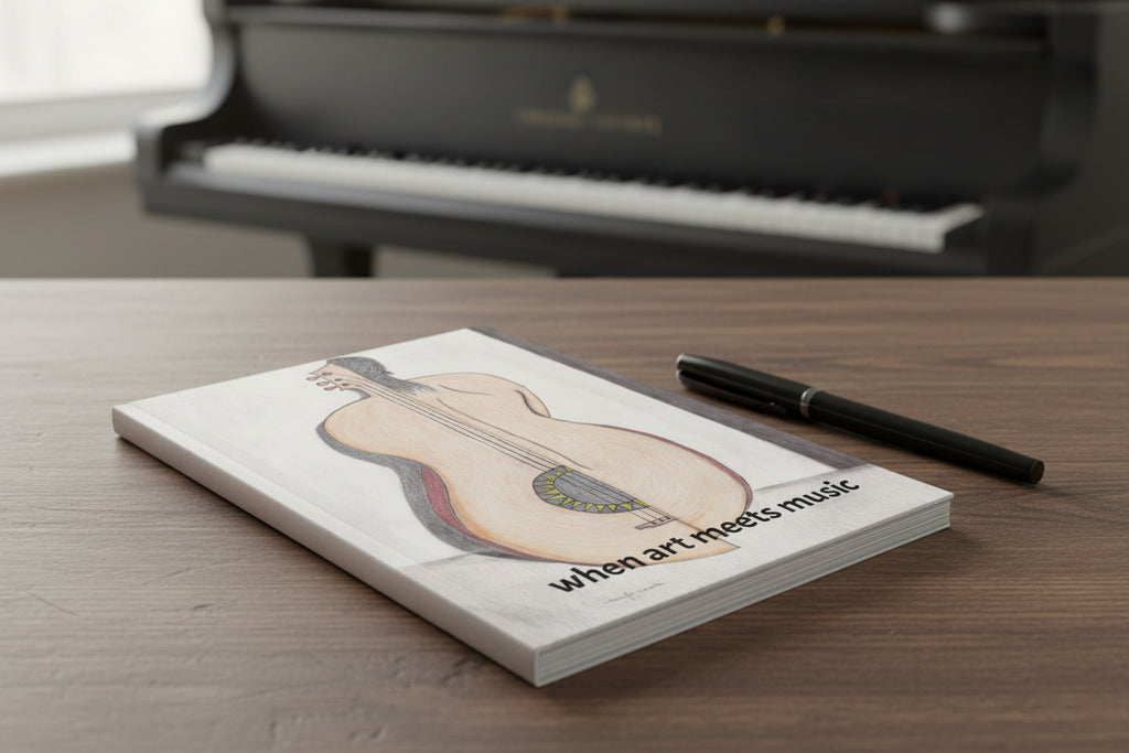 Notebook with illustration of a guitar and half woman with text 'when art meets music'  on a desk with a piano in the background