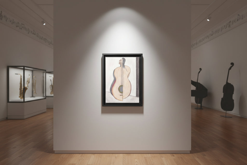 Framed artwork of a  guitar and woman split in a musem