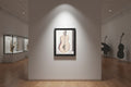 Framed artwork of a  guitar and woman split in a musem