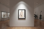 Framed artwork of a  guitar and woman split in a musem