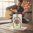 A stylized illustration of an acoustic guitar body with a sunburst-style rosette around the soundhole and floating musical notes on a light gray background with an acoustic guitar player blurred on the back.