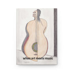 Book cover with illustration of a guitar and half woman's back and text 'when art meets music' on a white background