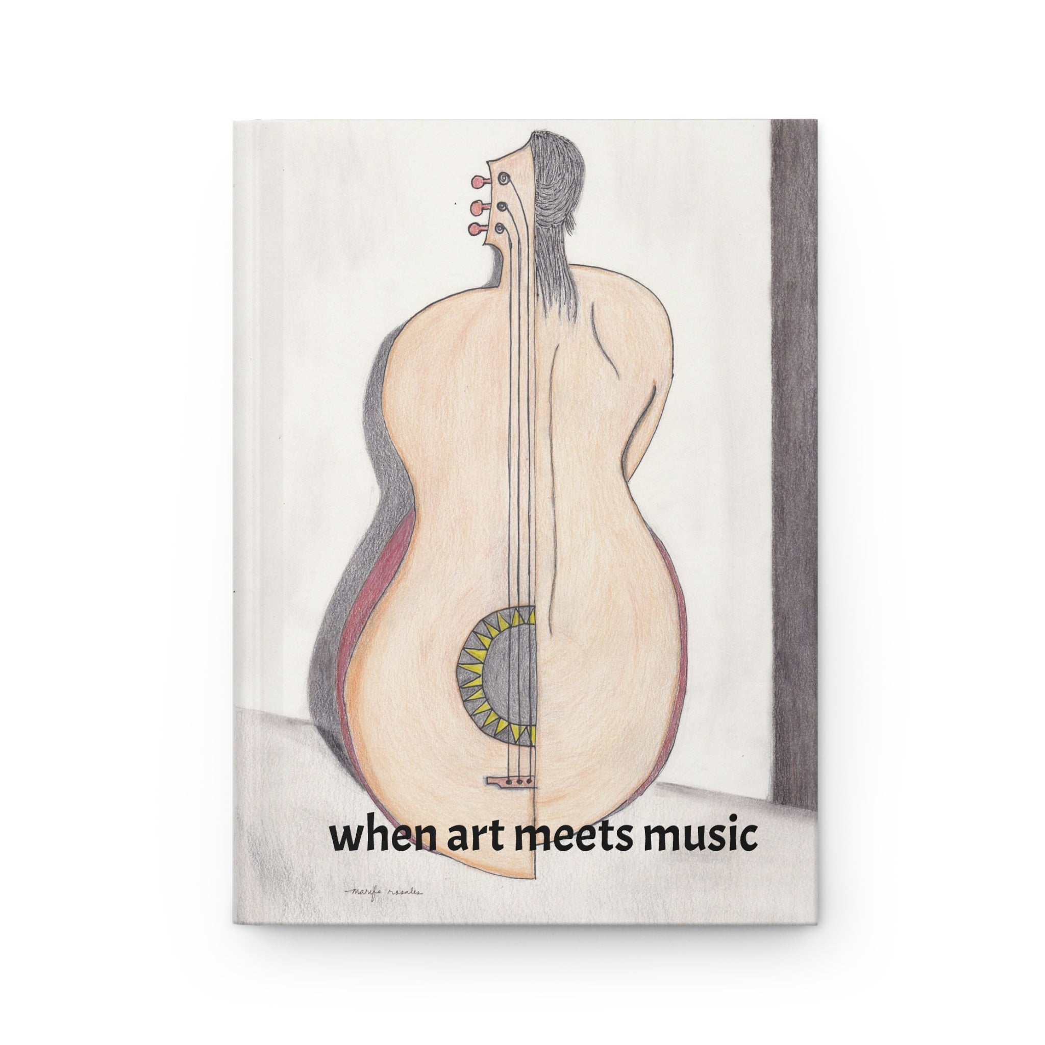Book cover with illustration of a guitar and half woman's back and text 'when art meets music' on a white background