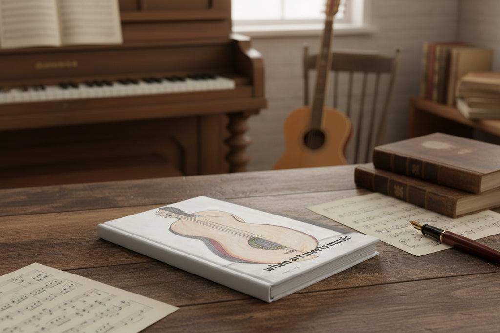 Notebook with illustration of a guitar and half woman with text 'when art meets music' on a desk in a music room