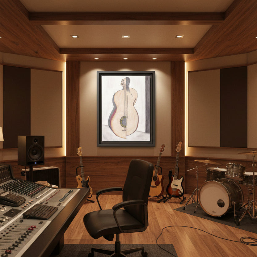Framed artwork of a Split Guitar and Woman's back in a music room