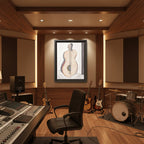 Framed artwork of a Split Guitar and Woman's back in a music room