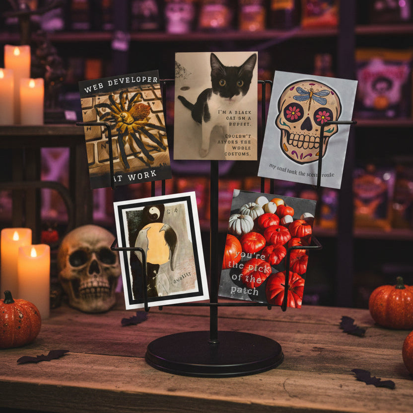 Five art prints and cards arranged on a white background, featuring a spider on a keyboard, a black-and-white cat with text, a colorful sugar skull, a stylized figure with a bird, and red pumpkins with text.