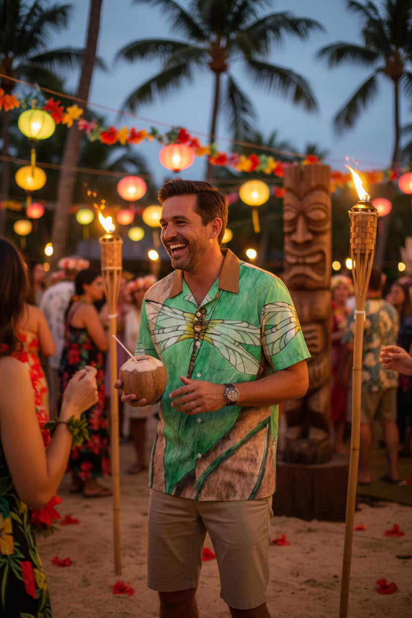 Mean wearing collared shirt with dragonfly design at a hawaiian party