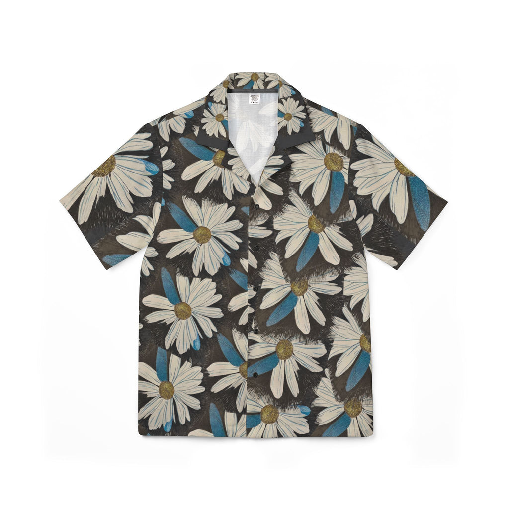 A short-sleeve button-up camp shirt with an all-over daisy floral print on a dark charcoal background. The print features white daisies with tan centers and light blue accents.