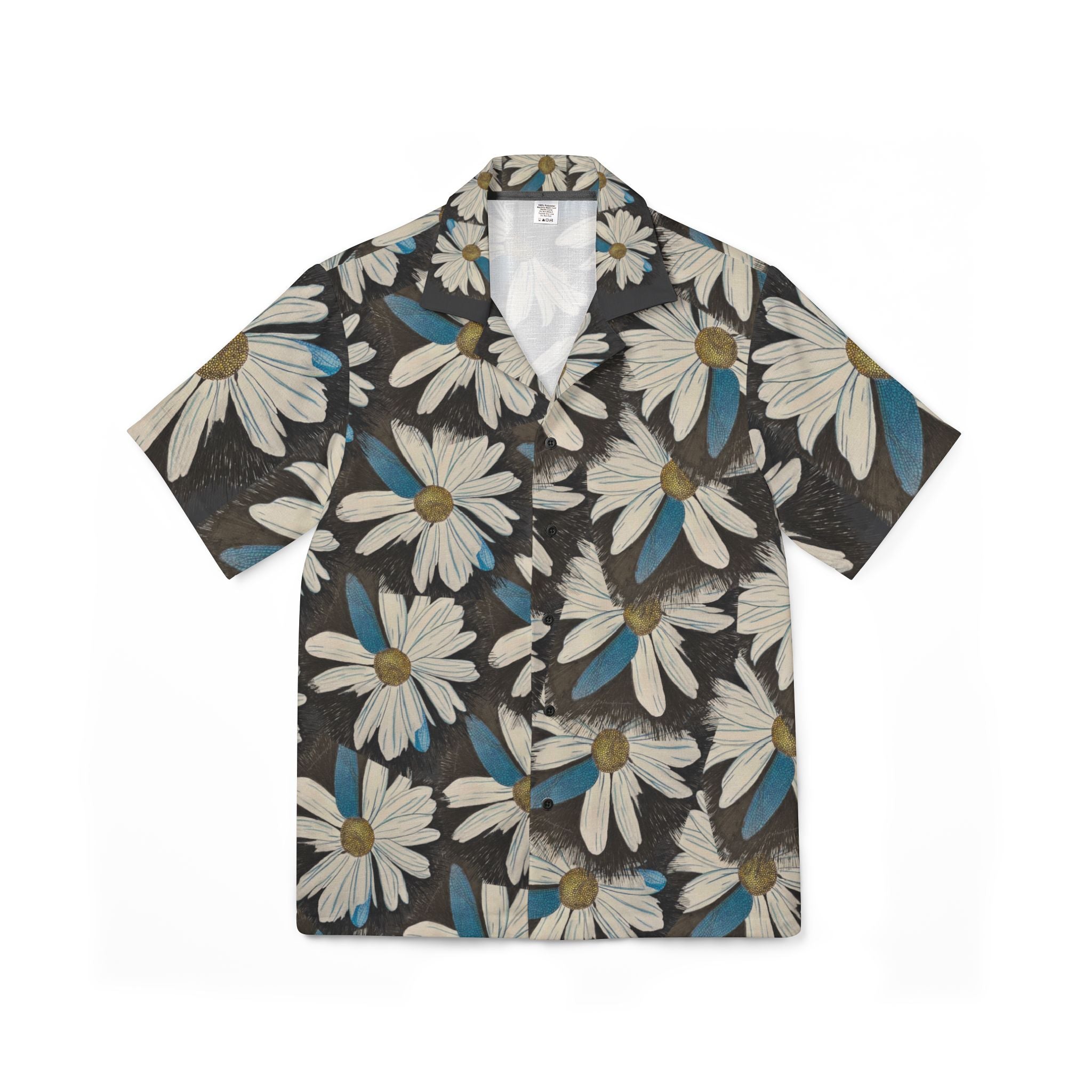 A short-sleeve button-up camp shirt with an all-over daisy floral print on a dark charcoal background. The print features white daisies with tan centers and light blue accents.