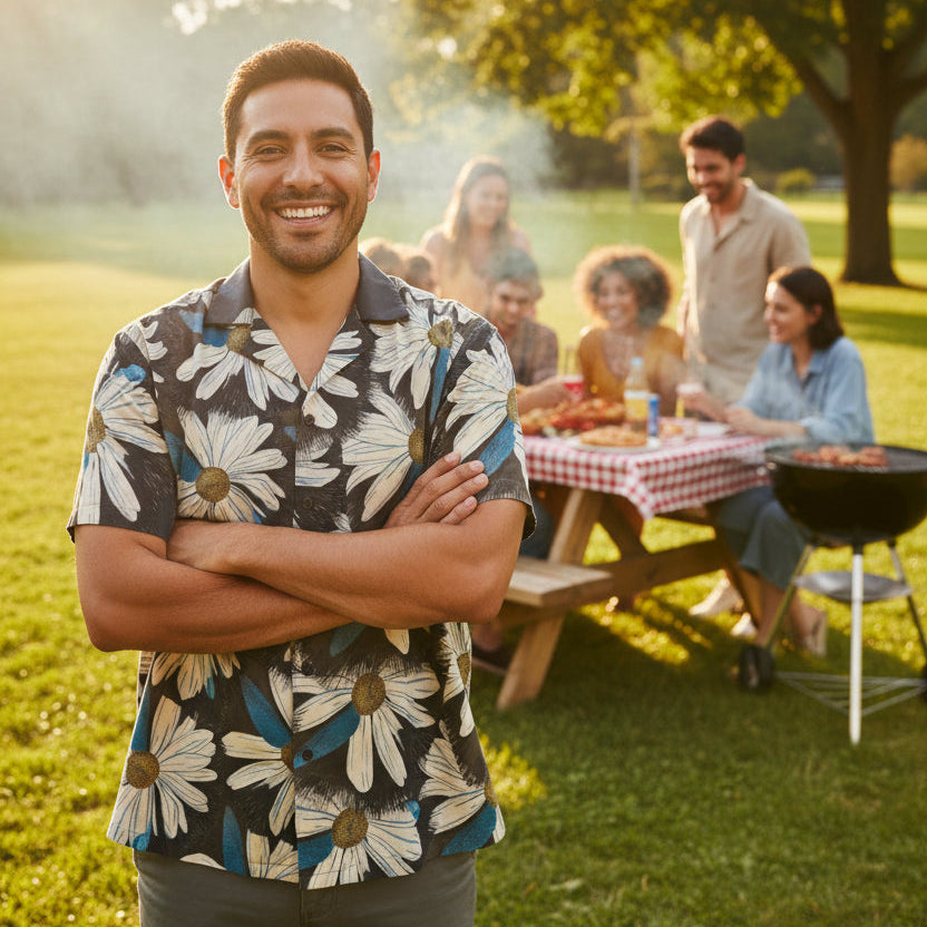 Daisy Dragonfly Wings as Petals Hawaiian Shirt worn by a man having a picnic at a park with his friends and family having a barbecue