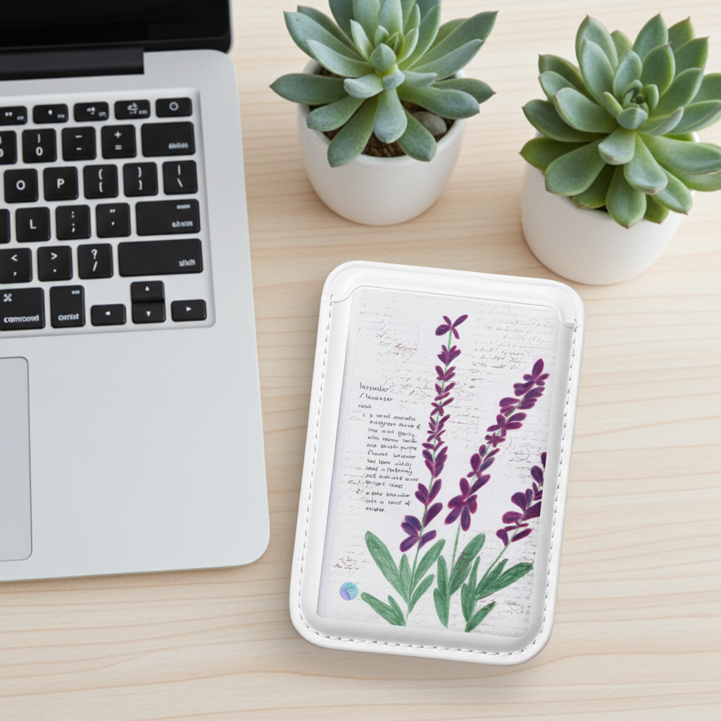Laptop on a desk with a floral case and succulent plants