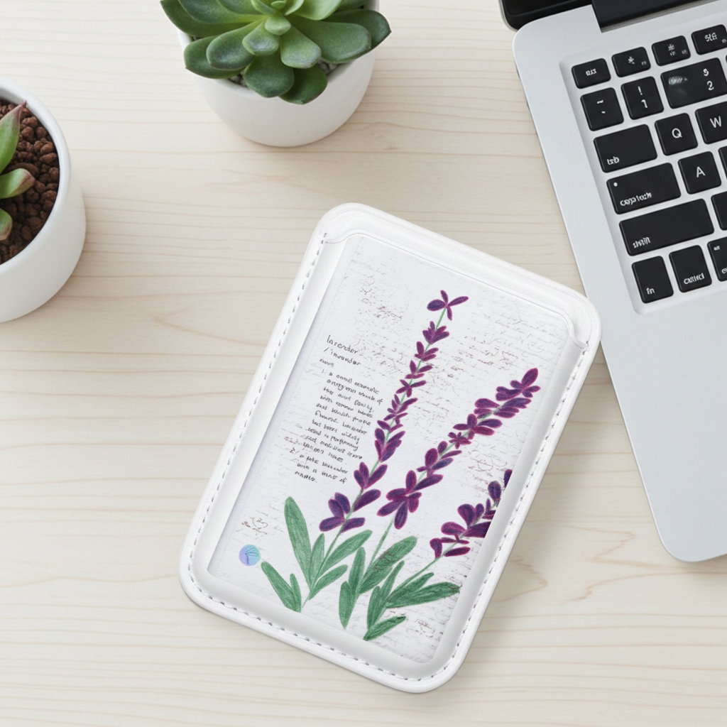 Phone case with lavender design on a desk with laptop and plants