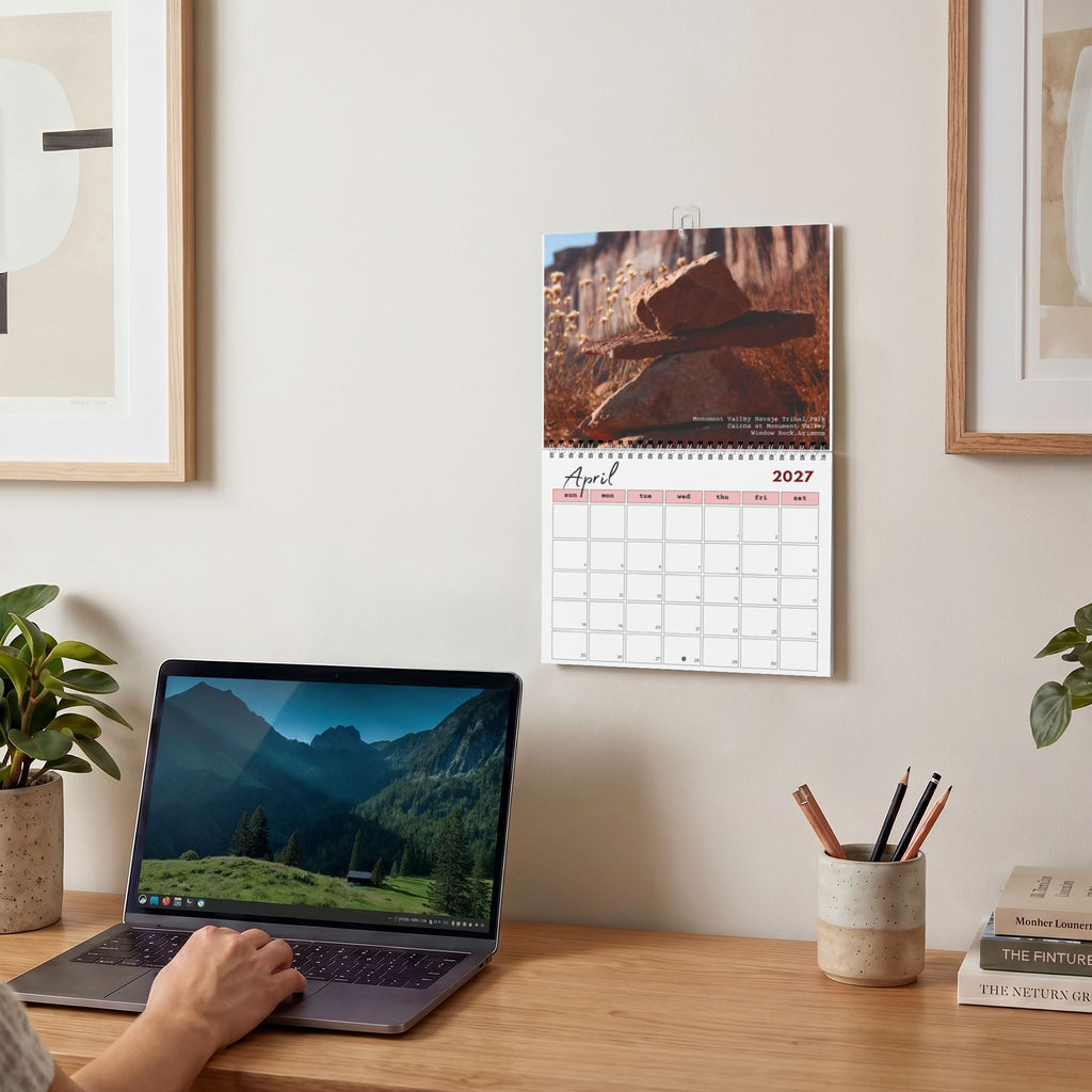 A spiral-bound wall calendar showing April 2023 hangs on a beige wall above a wooden desk. A person's hand is visible using a laptop on the desk, with framed wall art, a potted plant, a pencil cup, and books in a styled home office setting.