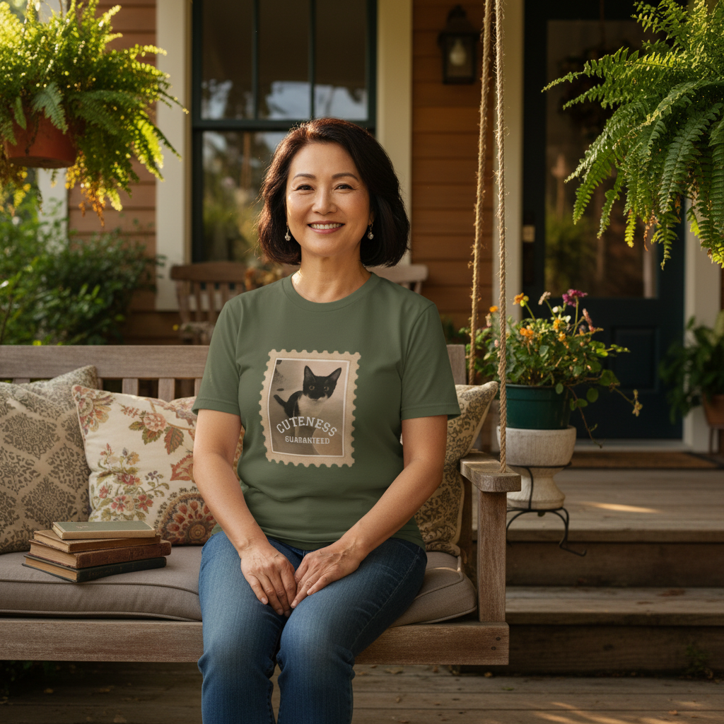 A woman sits on a wooden porch swing wearing an olive green t-shirt with a vintage-style cat graphic and the text 'CUTENESS GUARANTEED'. The background shows a cozy home porch with potted plants, cushions, and warm sunlight.