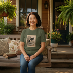 A woman sits on a wooden porch swing wearing an olive green t-shirt with a vintage-style cat graphic and the text 'CUTENESS GUARANTEED'. The background shows a cozy home porch with potted plants, cushions, and warm sunlight.