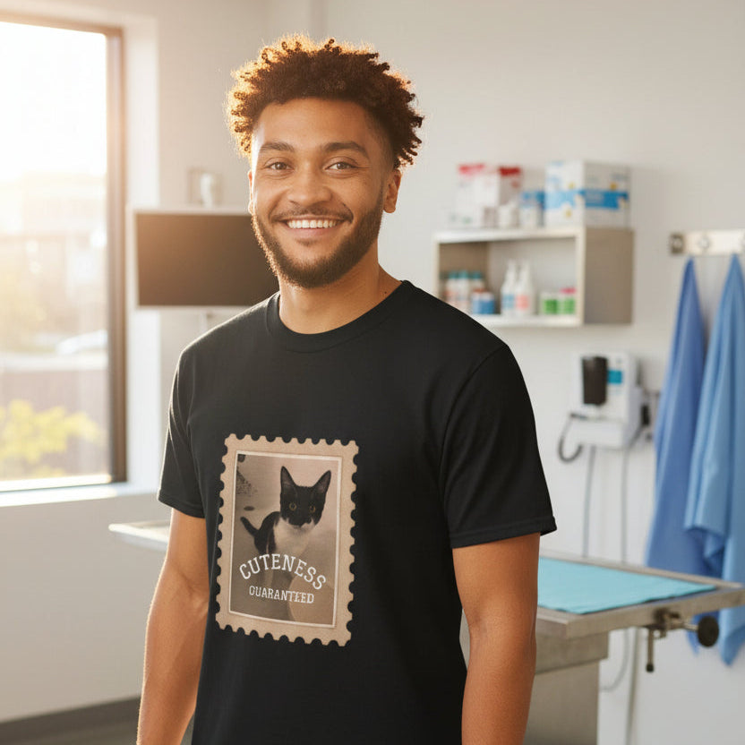 Man wearing a black shirt of a Kitten stamp design with text cuteness guaranteed at a clinic