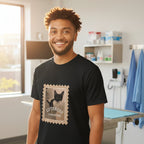 Man wearing a black shirt of a Kitten stamp design with text cuteness guaranteed at a clinic