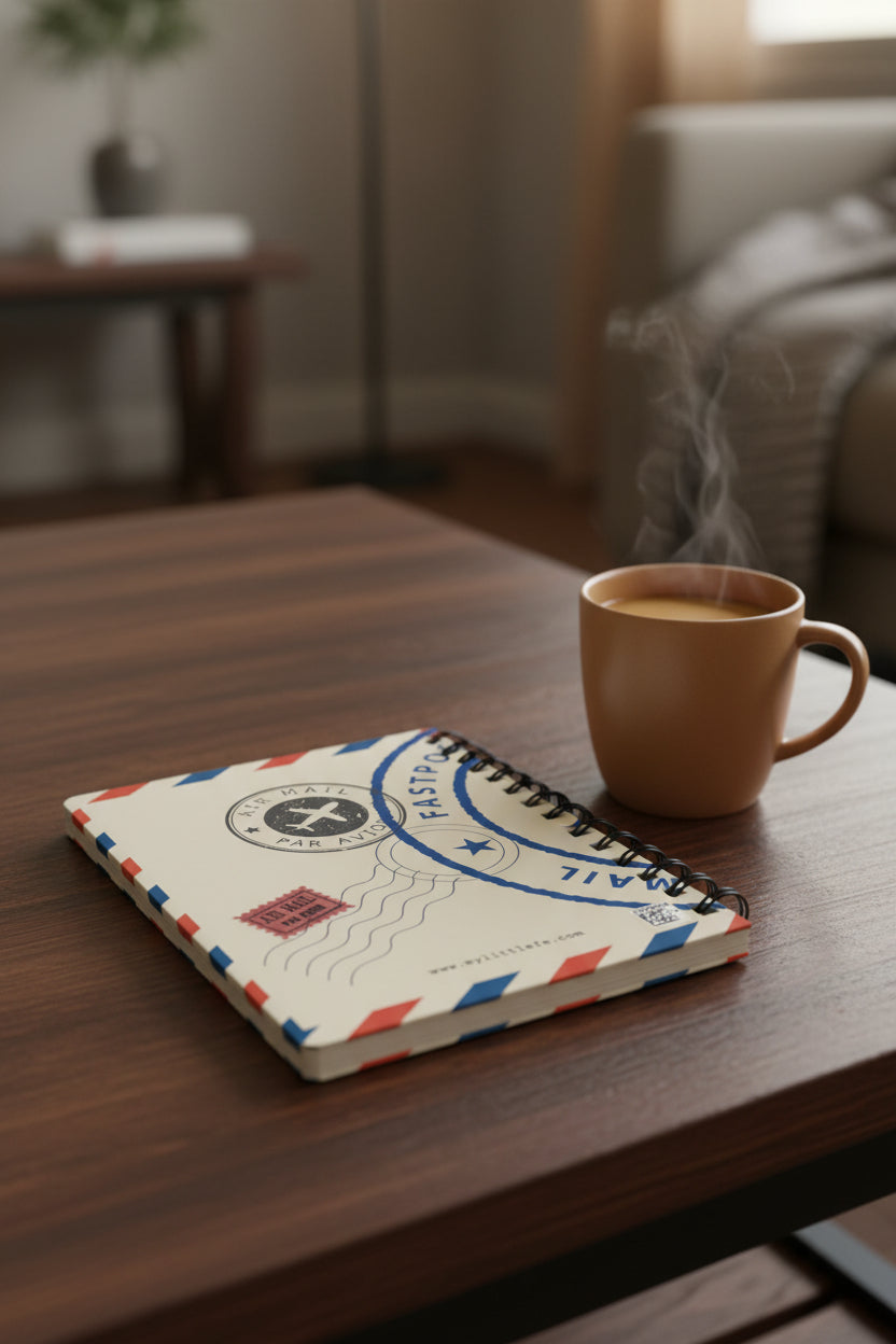 A spiral-bound notebook with an airmail envelope design, featuring red and blue diagonal stripes, a blue 'FASTPOST' stamp, and a black wire spiral binding on a white background.
