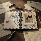 A spiral-bound notebook with a vintage airmail envelope design, featuring a central postage stamp graphic of a black cat with the text 'Cuteness Guaranteed'.