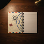 A spiral-bound lined notebook shown open, with the left page decorated like an airmail envelope in cream with blue and red stripes, postage stamp graphics, and the words 'AIR MAIL' and 'FAST MAIL.' The right page is white with horizontal lines.
