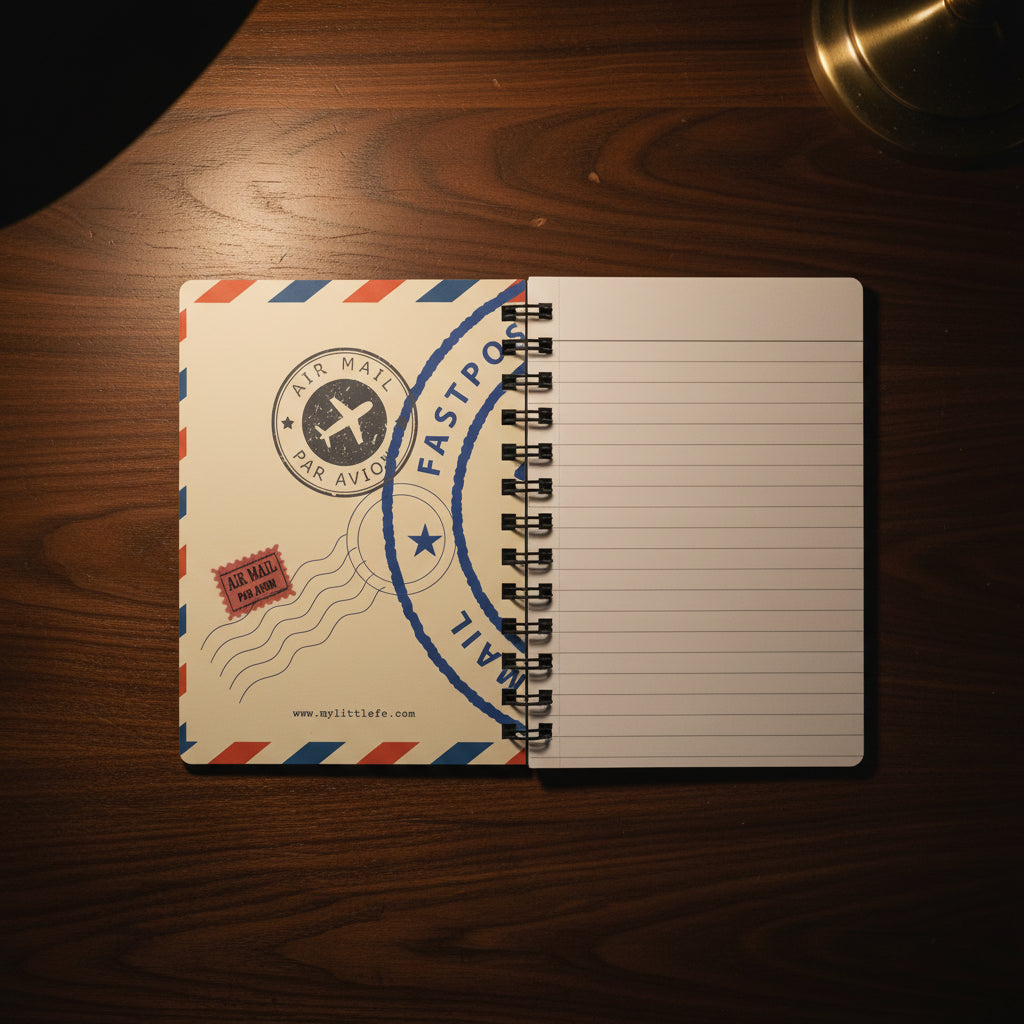 A spiral-bound lined notebook shown open, with the left page decorated like an airmail envelope in cream with blue and red stripes, postage stamp graphics, and the words 'AIR MAIL' and 'FAST MAIL.' The right page is white with horizontal lines.