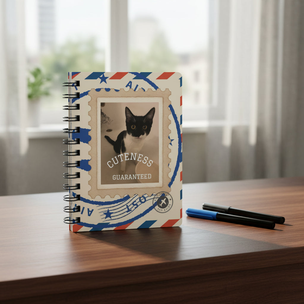 A spiral-bound notebook with a vintage airmail stamp design in red, white, and blue, featuring a central stamp graphic of a black and white cat with the text 'Cuteness Guaranteed'.