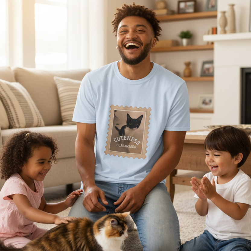 A man wearing a light blue graphic t-shirt with a cat-themed stamp design sits on a cream carpet in a living room, surrounded by two children and a calico cat.