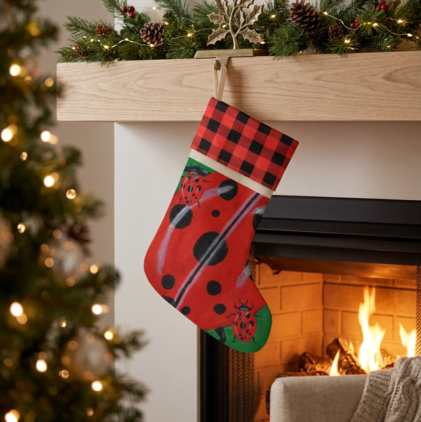 A festive Christmas stocking with a red and black buffalo plaid cuff and a red body patterned with black ladybugs, hanging from a wooden mantel decorated with a green pine garland, evergreen branches, and a gold star ornament, with a warm fireplace and a blurred Christmas tree in the background.