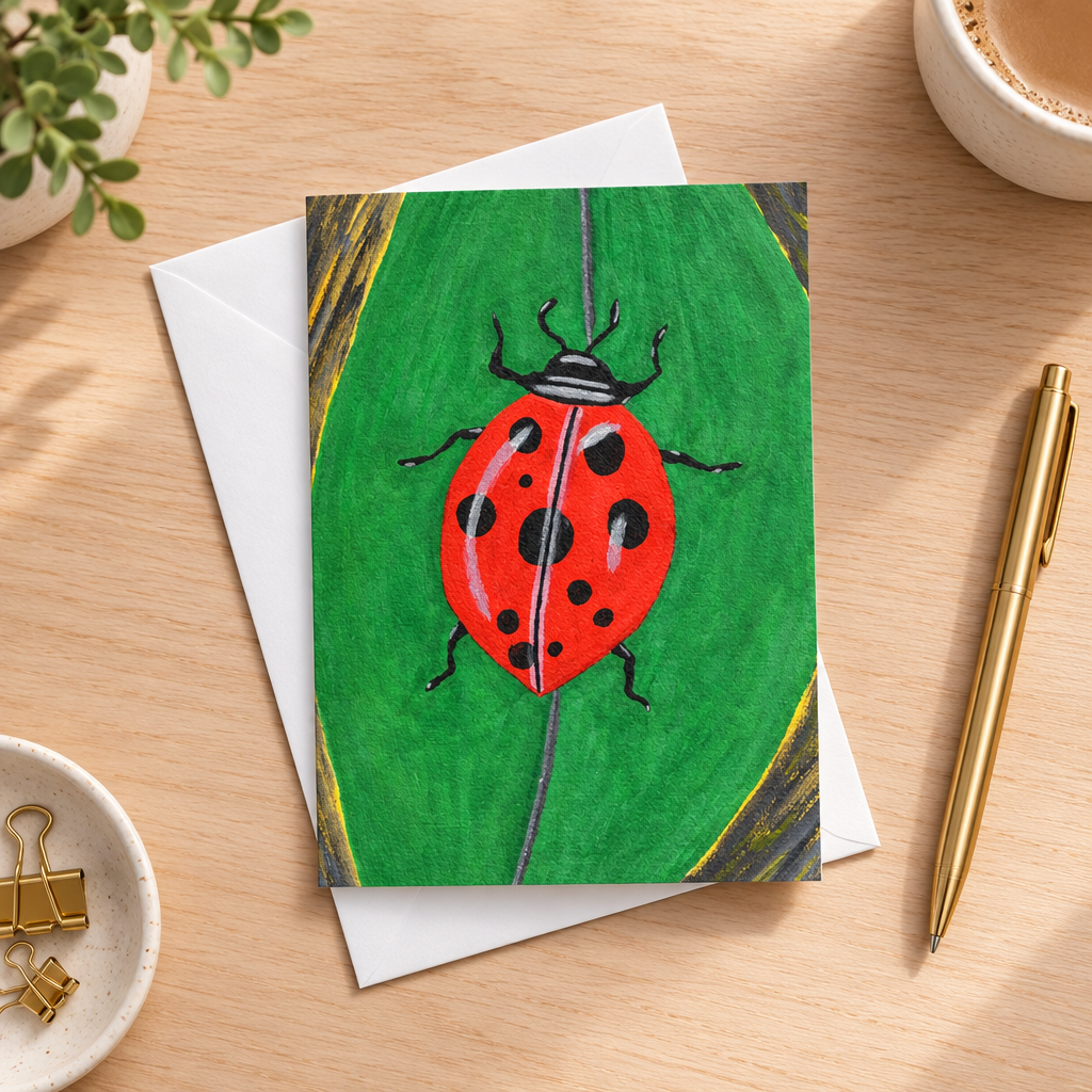 A painted ladybug on a green leaf, with a red body, black spots and legs, and a textured background.