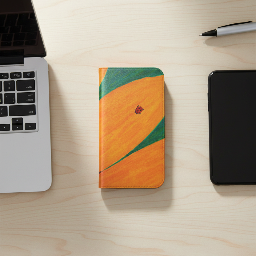 A smartphone wallet case with an abstract orange, green, and yellow design is displayed on a light wood desk alongside a laptop, a pen, and a black tablet.