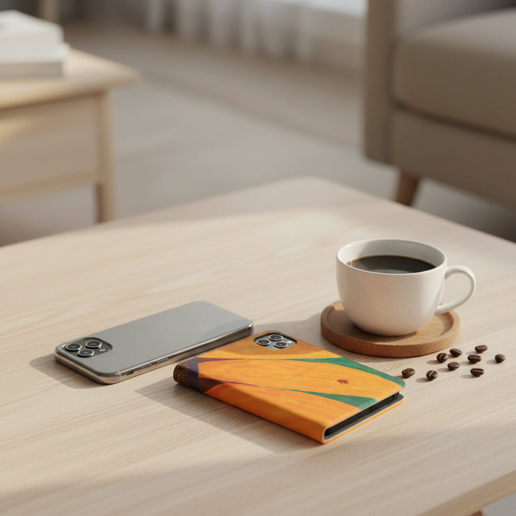 A square phone case featuring a colorful abstract floral design with orange petals, green leaves, and a small red ladybug, on a light wood coffee table with a smart phone and coffee and coffee beans next to it.