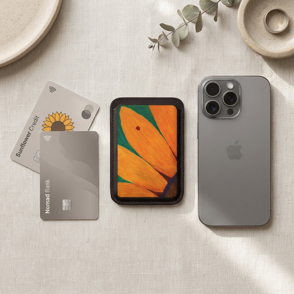 A slim rectangular card holder or wallet with a black stitched border, featuring a close-up floral print of orange petals and green leaves with a ladybug on a table with a phone and 2 credit cards next to it.