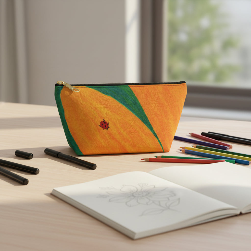 Orange pouch with a green leaf design and a ladybug on a sunflower on top an artists desk