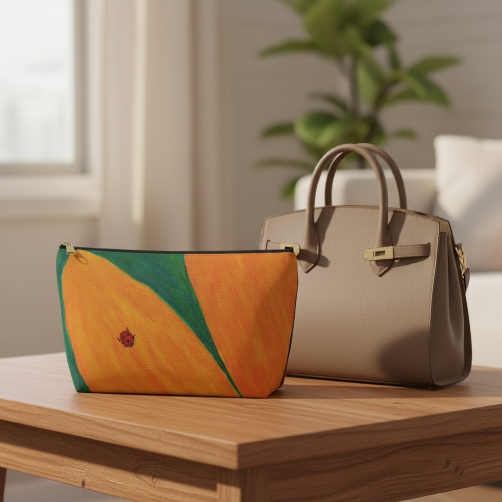 Orange pouch with green stripe and ladybug design on a white background